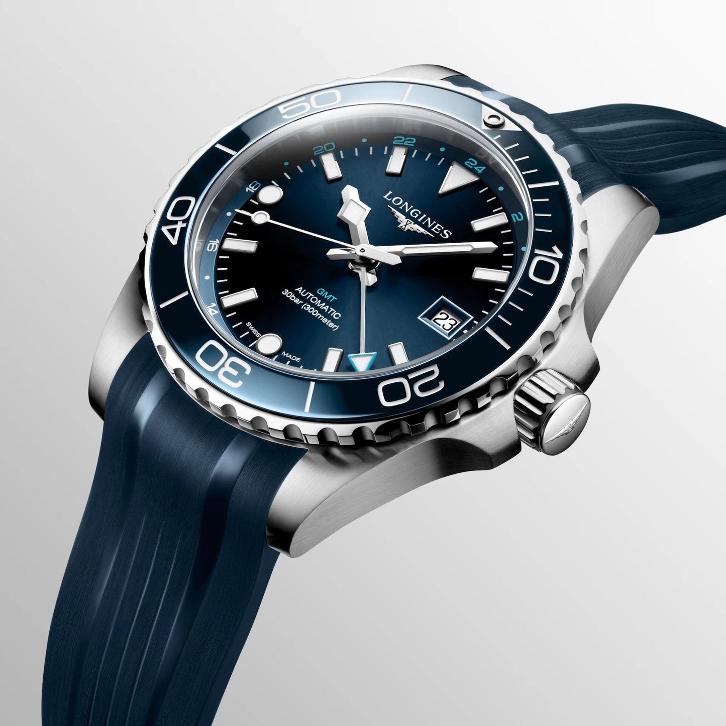 Longines Hydroconquest GMT 41mm blå automatisk stålklocka L3.790.4.96.9