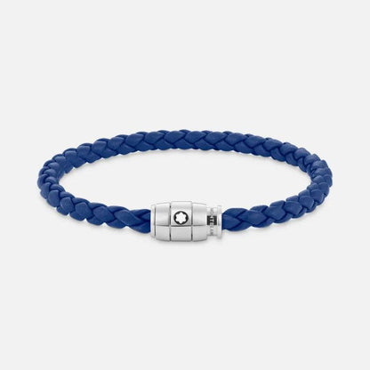 Montblanc stålarmband med 3-ringsspänne och blått läder storlek M 130899 63