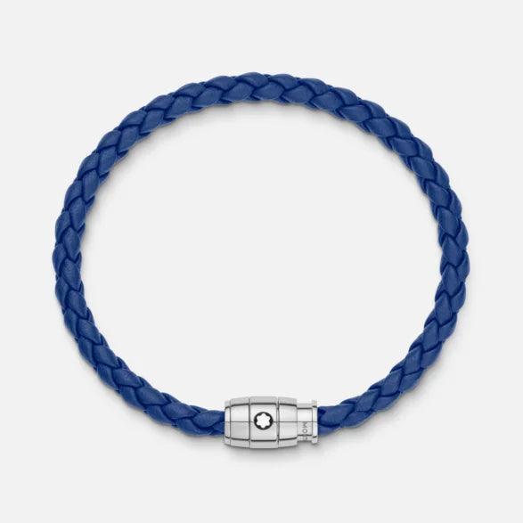 Montblanc stålarmband med 3-ringsspänne och blått läder storlek M 130899 63