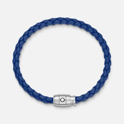 Montblanc stålarmband med 3-ringsspänne och blått läder storlek M 130899 63