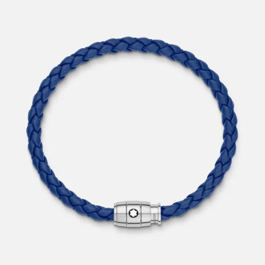 Montblanc stålarmband med 3-ringsspänne och blått läder storlek M 130899 63