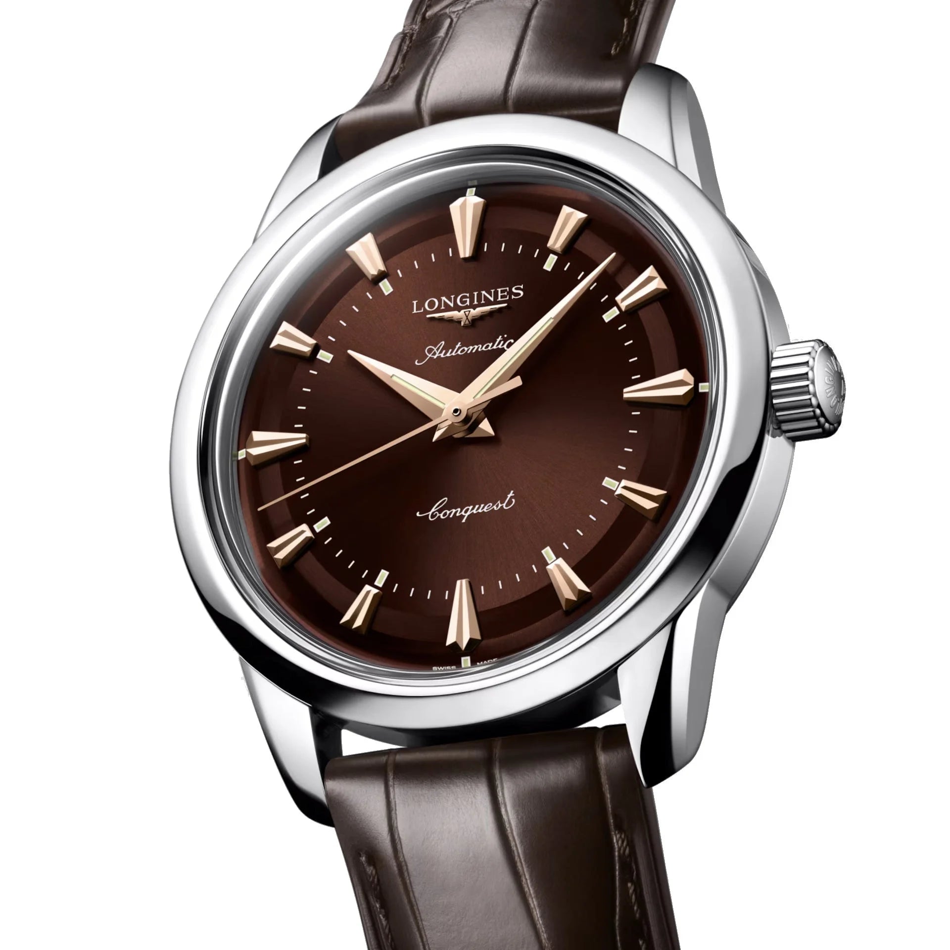 Longines orologio heritage 38mm automatico marrone acciaio con quadrante marrone e cinturino pelle alligatore protetto dall’ufficio federale svizzero