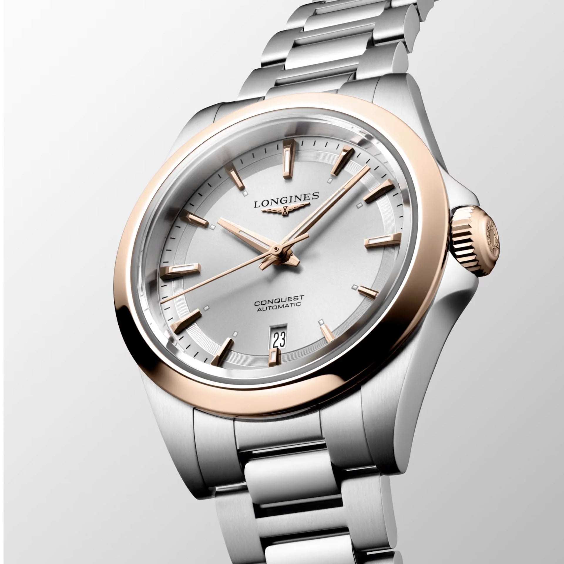 Orologio conquest longines automatico con cassa bicolore in acciaio e oro rosa e quadrante argento elegante protetto dall’ufficio federale