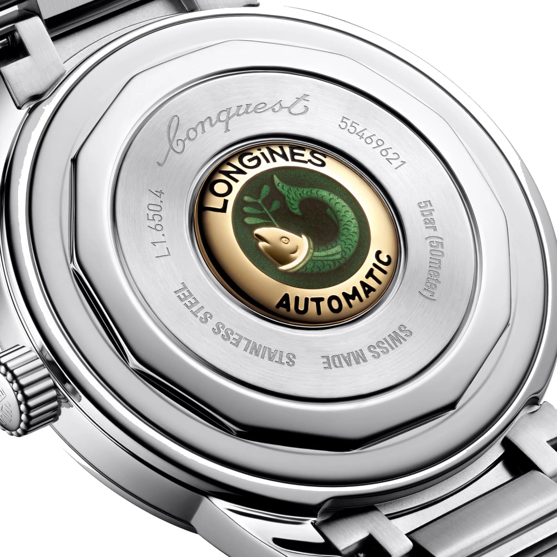 L orologio longines heritage 40mm nero acciaio automatico con cassa e bracciale in materiale acciaio inossidabile protetto dall’ufficio federale mostra il retro con emblema inciso di pesce verde