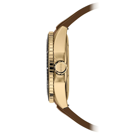 Orologio mido ocean star 44mm funzione gmt con cassa in acciaio finitura oro giallo e cinturino in pelle marrone