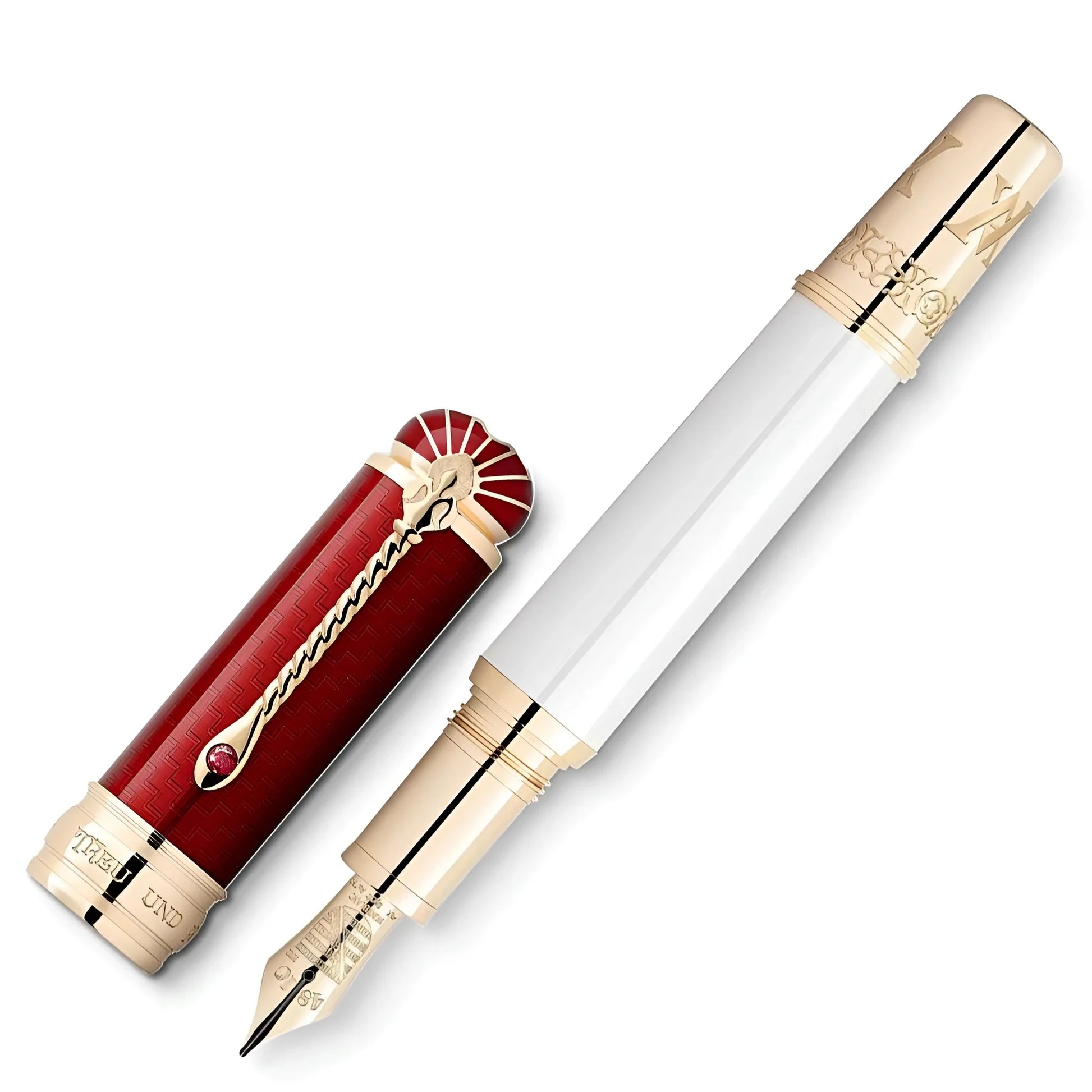 Montblanc patron stilografica homage to albert colore bianco perlato con dettagli oro e clip rossa inciso serpente