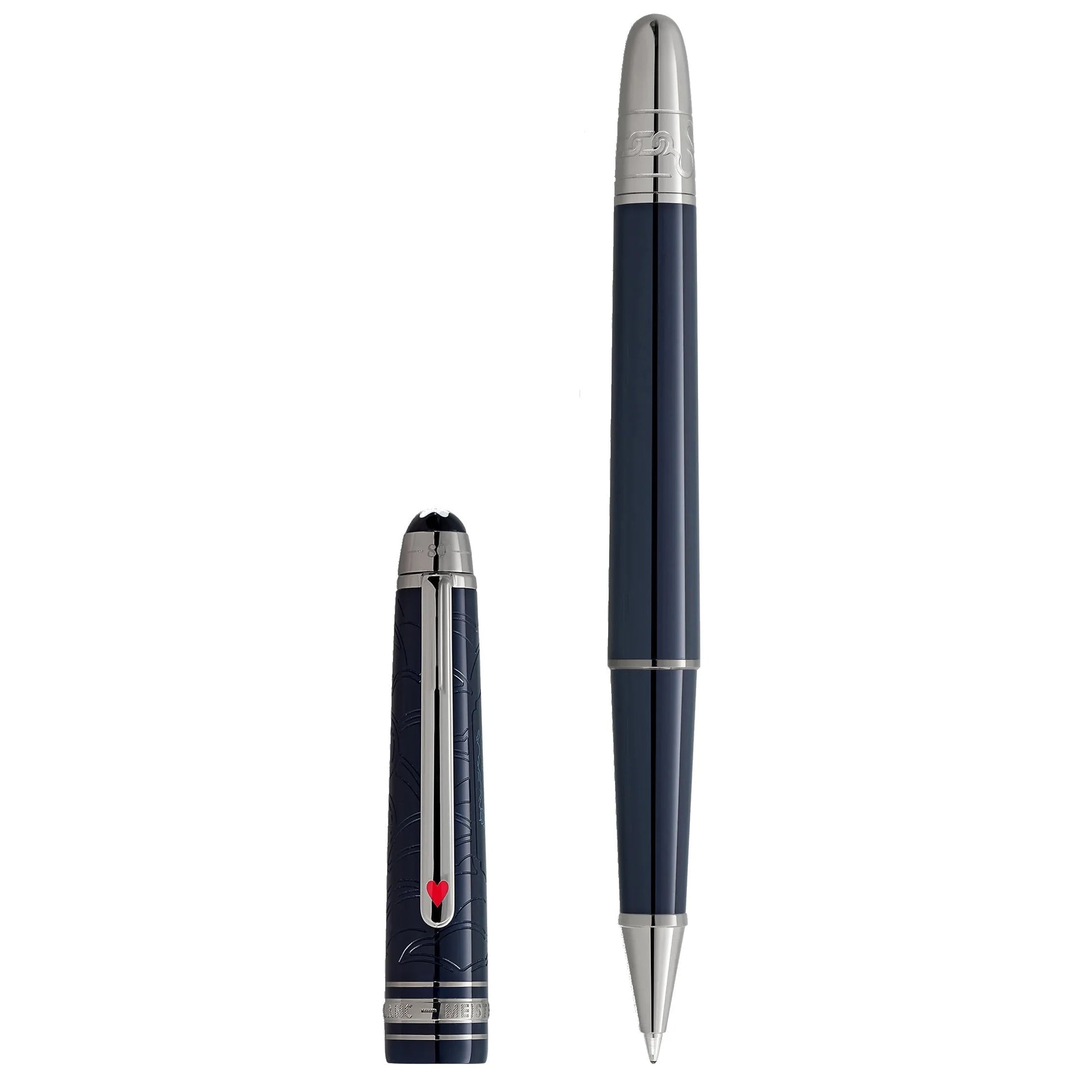 Deep navy blue montblanc meisterstück 149 rollerball pen with silver accents and red heart emblem from around the world series