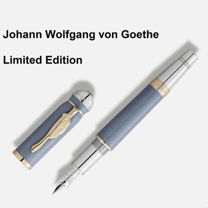 Montblanc stilografica von goethe edizione limitata con impugnatura in pelle celeste e dettagli argento lucido