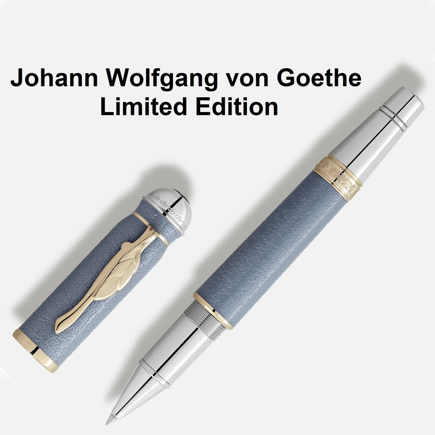 Penna a sfera montblanc roller writers edition homage to johann wolfgang von goethe con finitura argento oro e impugnatura celeste pelle