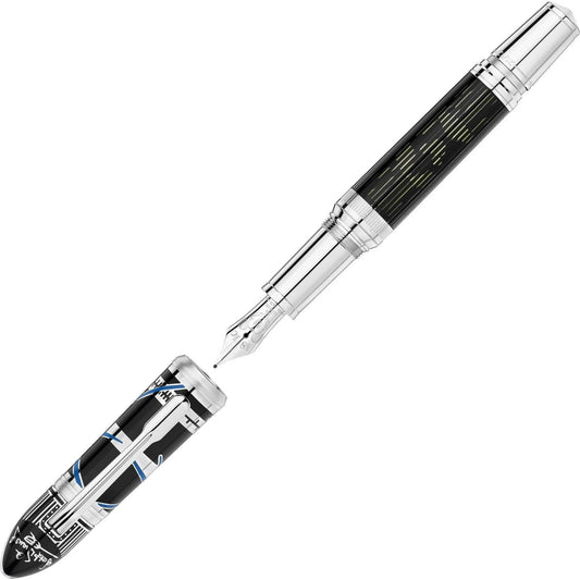 Montblanc stilografica great characters walt disney edizione limitata 1901 punta m con dettagli geometrici blu sul fusto nero e argento