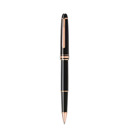 Roller montblanc meisterstück in pregiata resina nera con dettagli in red gold e finitura lucida elegante