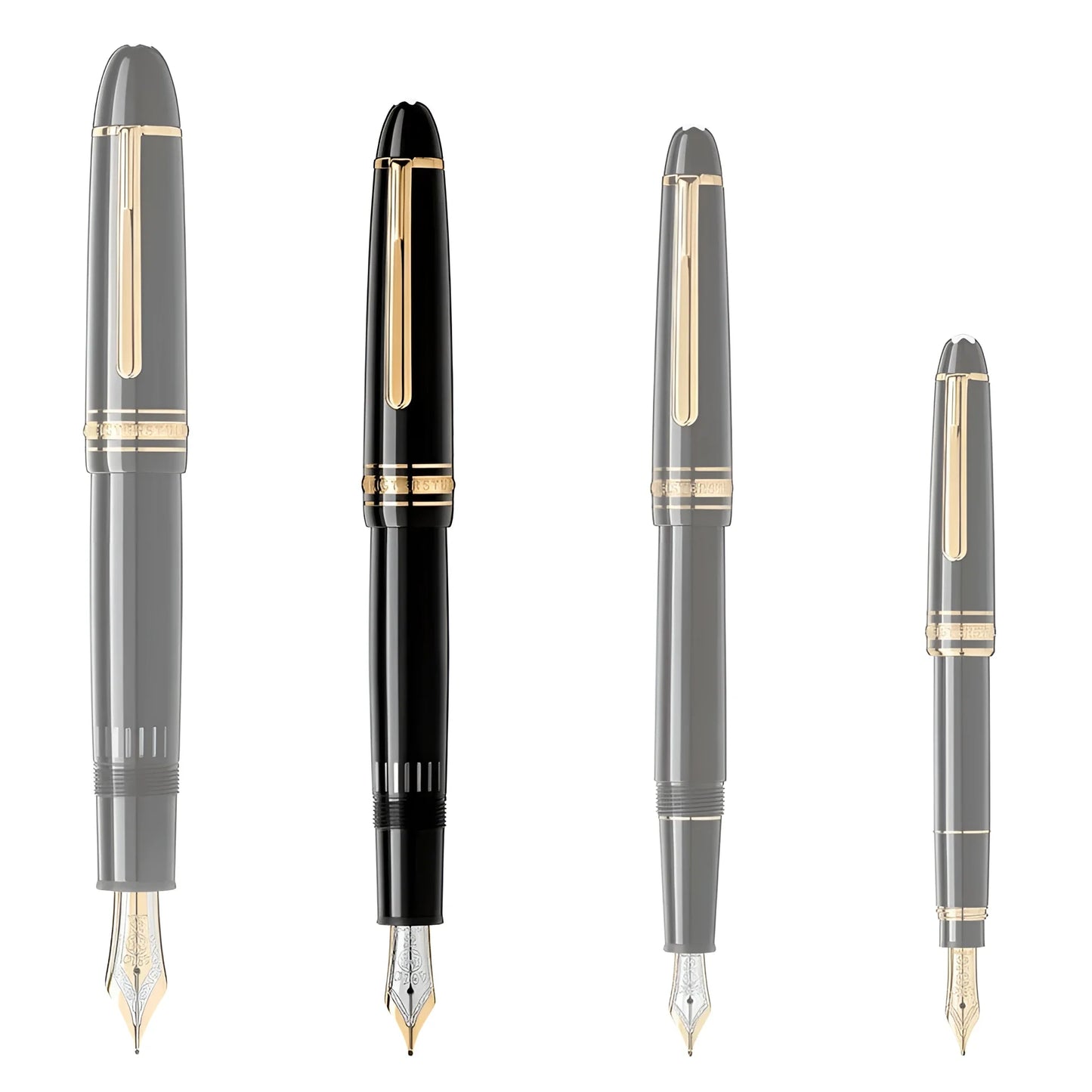 Quattro stilografiche montblanc meisterstück gold legrand punta m in pregiata resina nera con accenti oro ed eleganti pennini