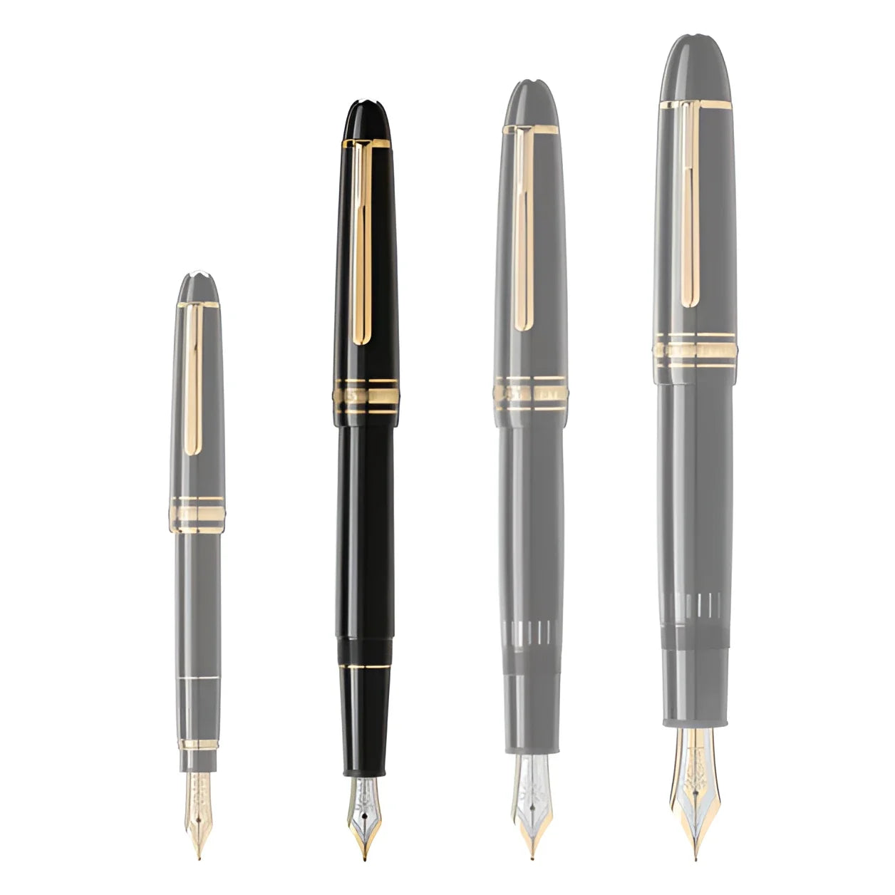 Quattro stilografiche meisterstück gold-coated nero e grigio con finitura oro eleganti e raffinate modello 132464
