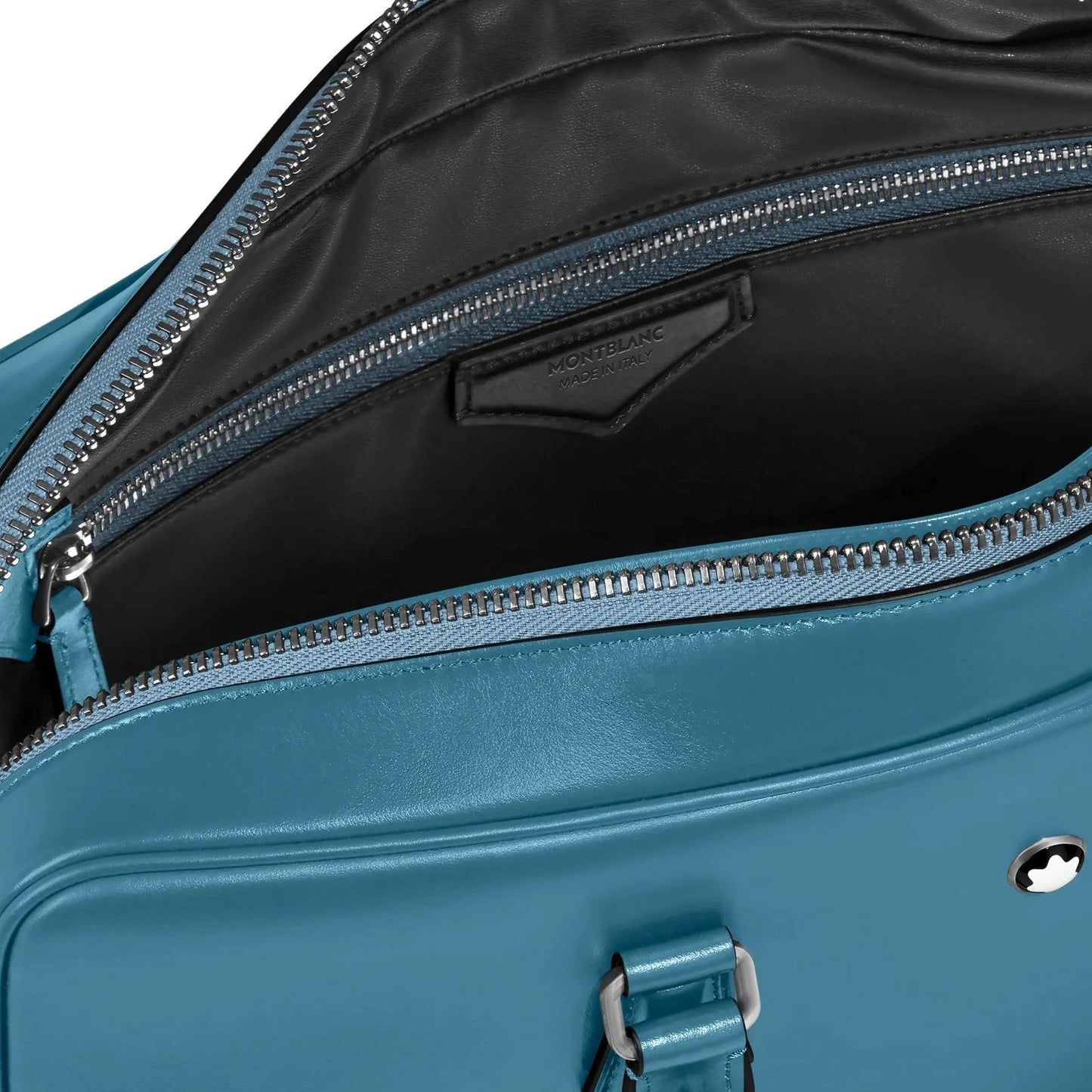 Teal leather montblanc portadocumenti meisterstück blu fumé con interno nero e zip argento in maestria artigianale montblanc