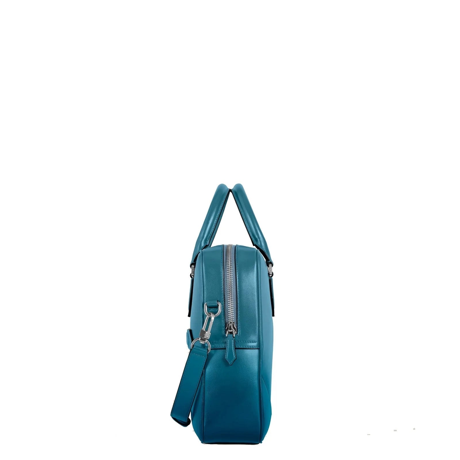 Portadocumenti meisterstück montblanc blu fumé in pelle teal con cerniera argento e manici coordinati