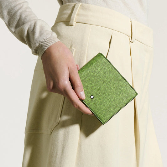 Montblanc portafoglio 8 scomparti sartorial in pelle stampa saffiano multi lime con emblemma nero circolare sul davanti