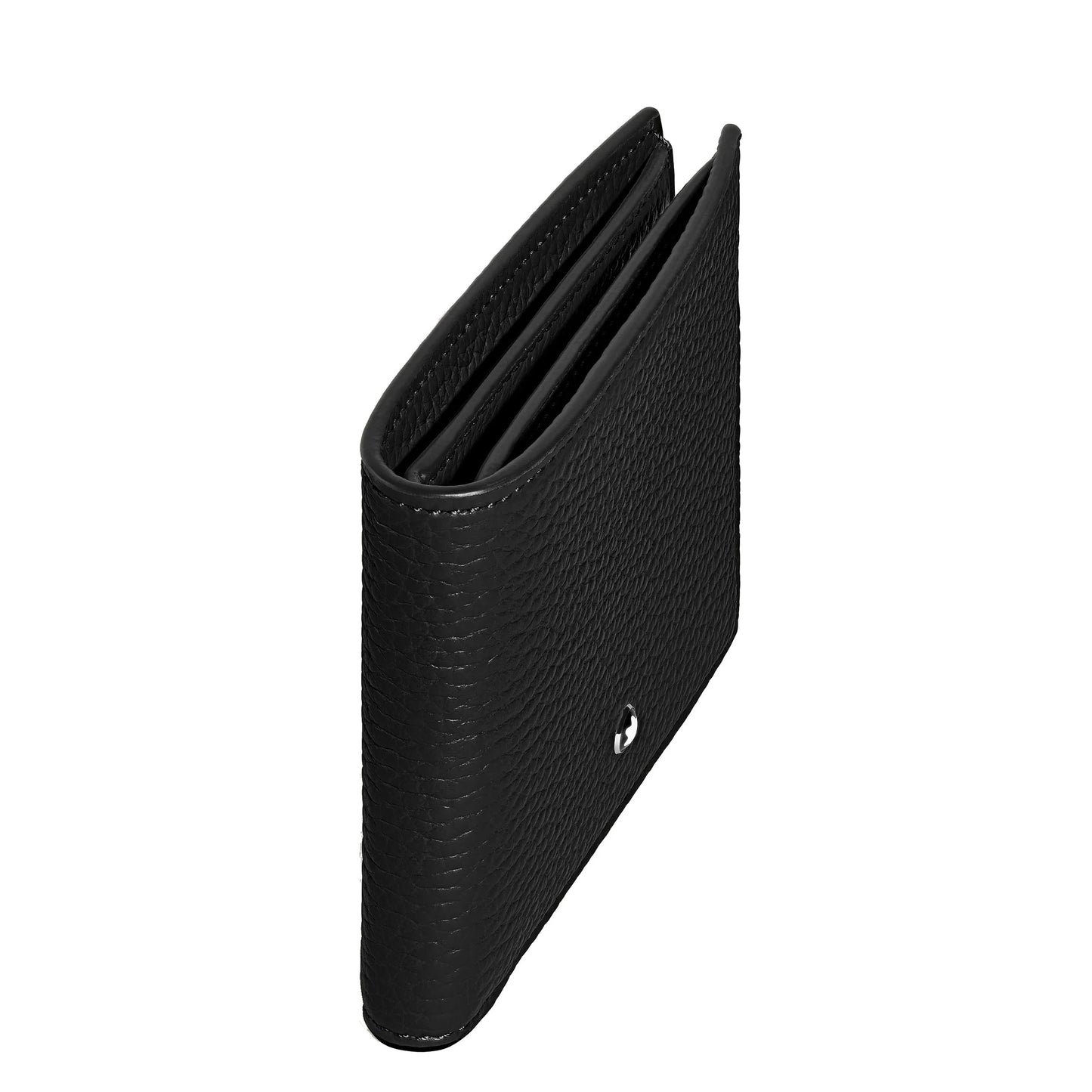 Montblanc portafoglio compatto in pelle nera con portamonete e logo argentato coniuga eleganza discreta