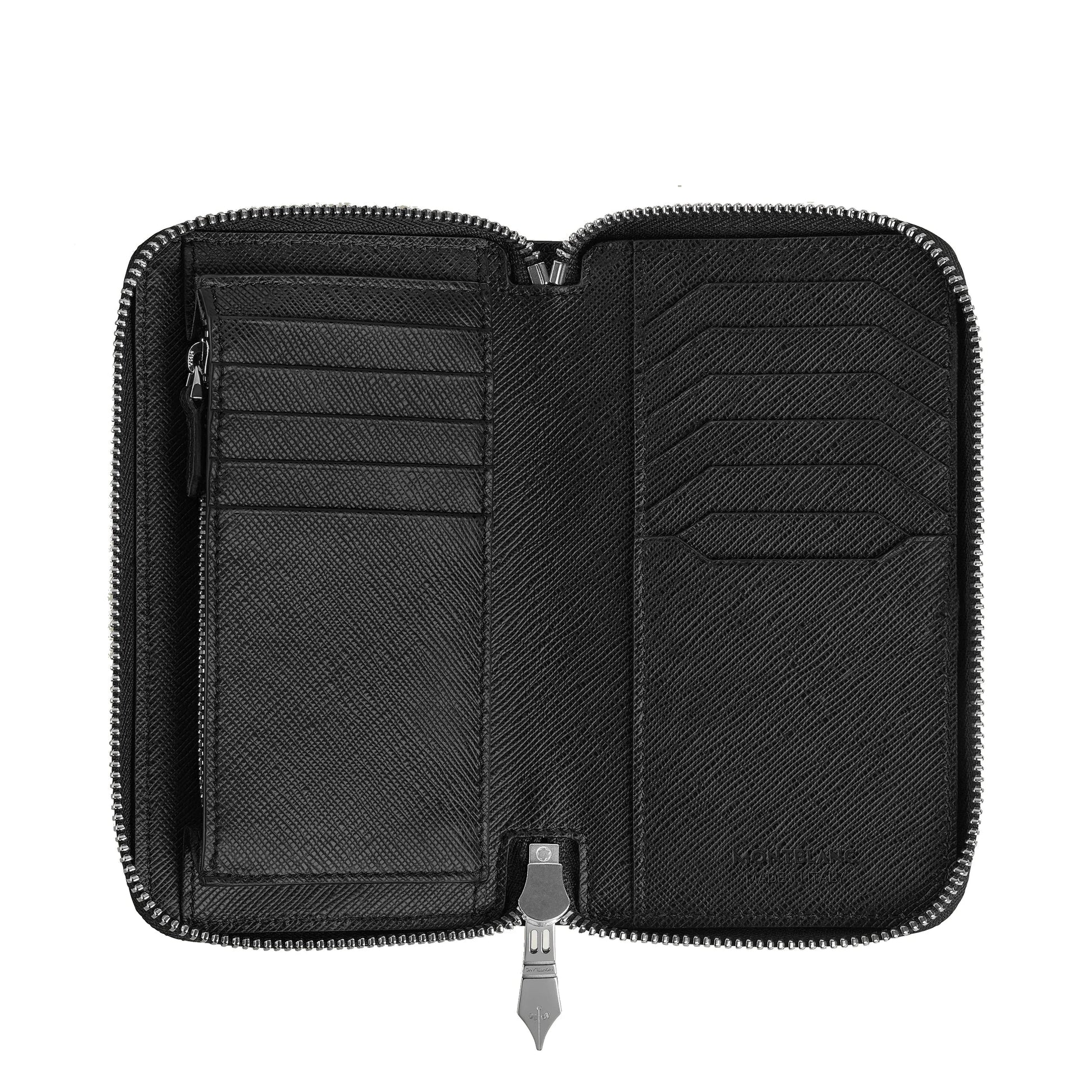 Montblanc portafoglio in pelle nera con cerniera combina stile intramontabile e dettaglio tweed blu