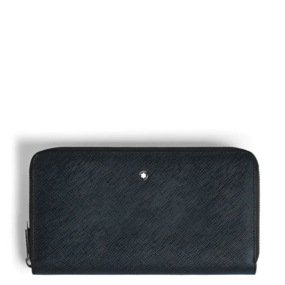 Portafoglio montblanc sartorial goffrata nera in pelle con logo argento e 12 scomparti con cerniera blu tweed
