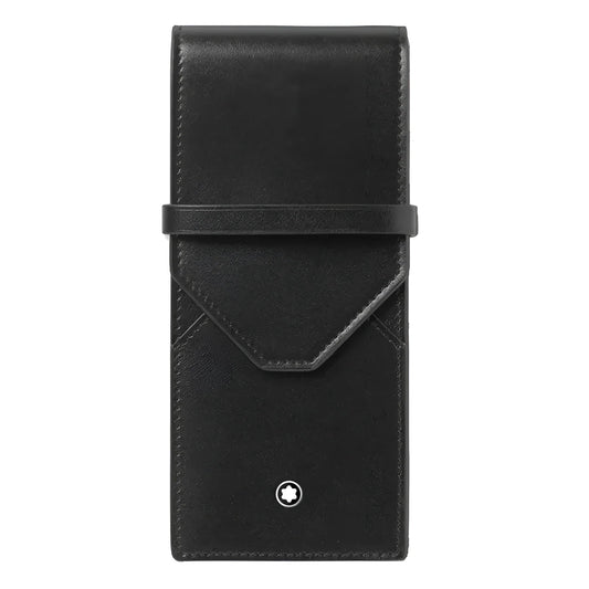 Montblanc astuccio per 3 strumenti da scrittura meisterstück in liscia pelle nera con finitura testurizzata e logo stella argento