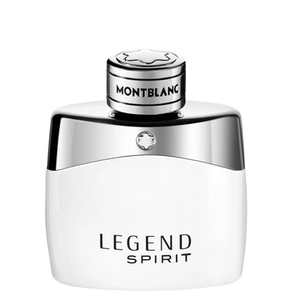 Bottiglia di montblanc legend spirit eau de toilette 50ml con corpo bianco e tappo argento con logo montblanc per un profumo incredibilmente fresco