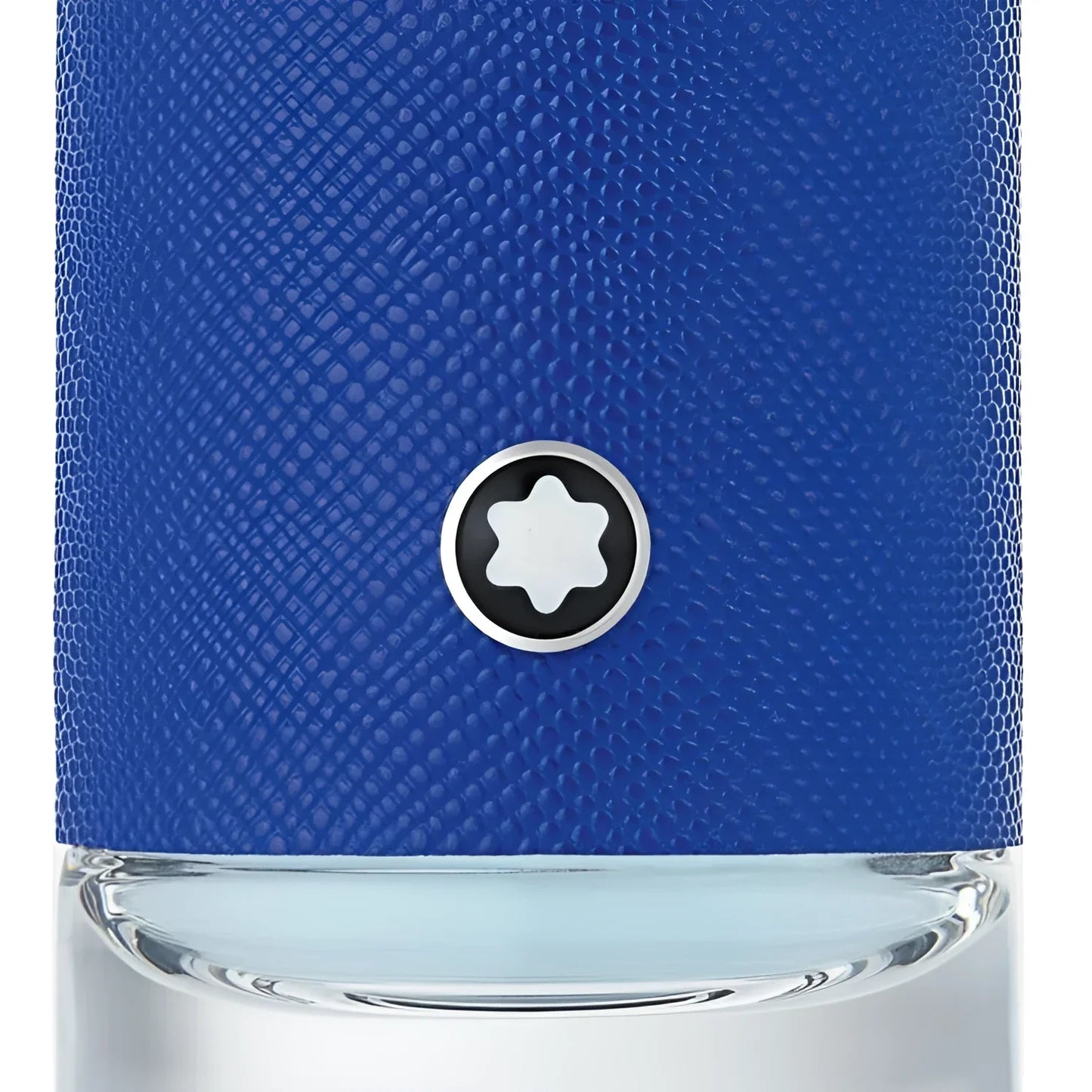 Blue textured leather bottle cap with silver and black montblanc star emblem for montblanc explorer ultra blue carisma raffinati narrando