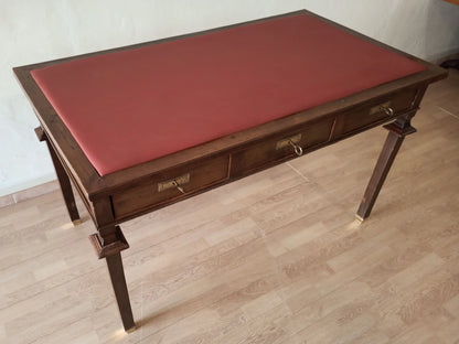 Scrivania stile impero in noce con piano in pelle rossa e due cassetti dettagli ottone ottocento