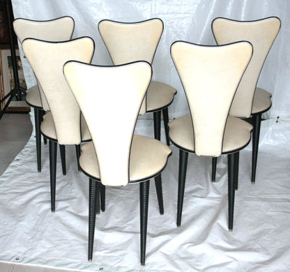 Set 6 sedie umberto mascagni anni 60 in ecopelle bianca con triangolo irregolare e rifiniture nere