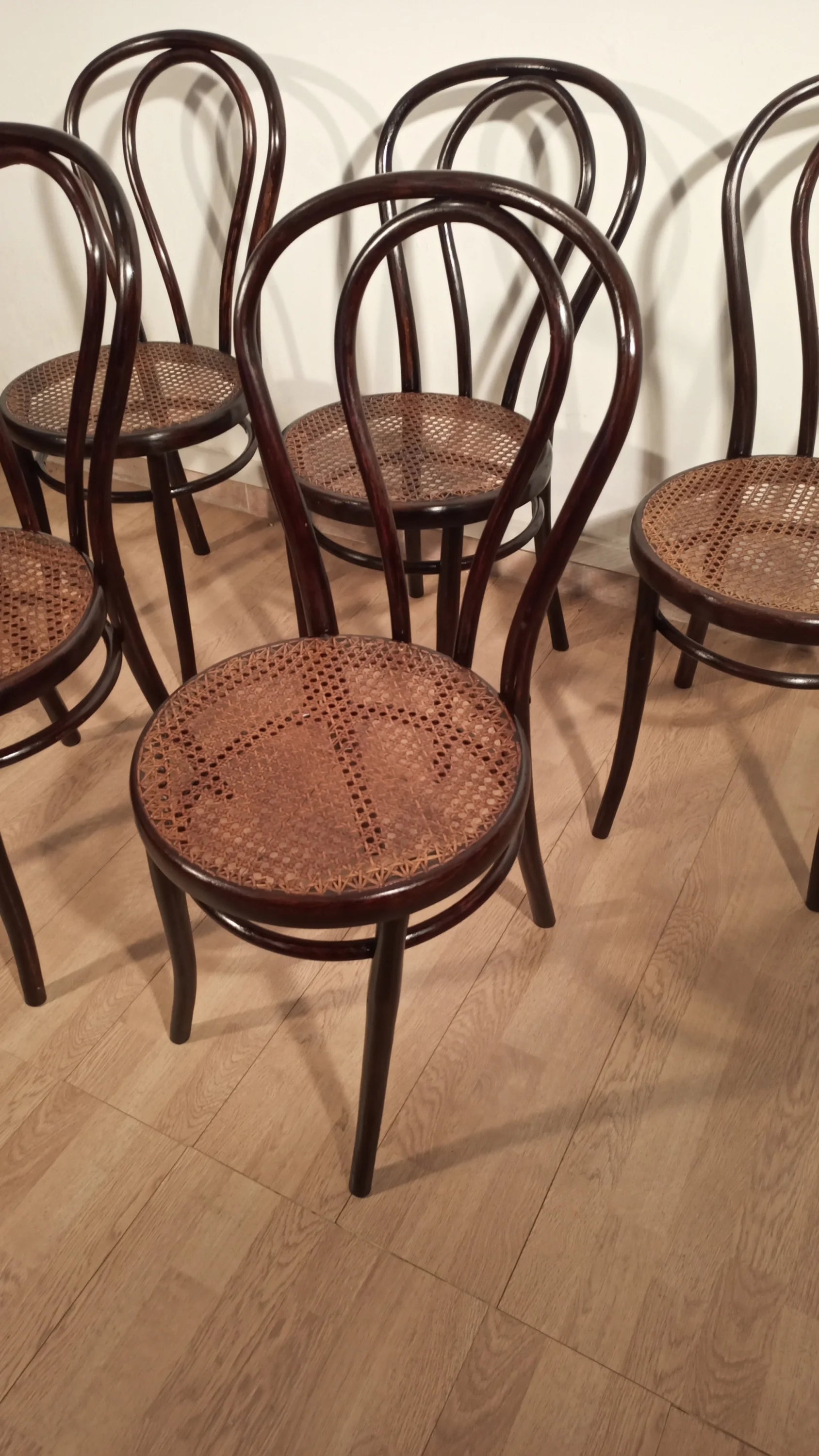 Set di 5 sedie stile thonet drava con sedili intrecciati in paglia di Vienna e struttura in legno curvato