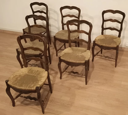 Set 6 sedie provenzali rustiche in rovere massello ottocento con seduta in paglia restaurate in ottime condizioni