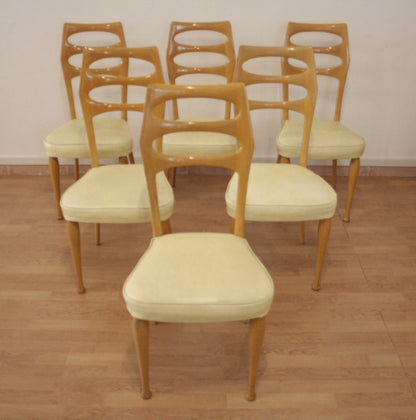 Set di sei sedie da pranzo vittorio dassi in legno chiaro con seduta imbottita anni 50 da dario raia antiquariato