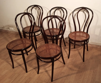 Set di cinque sedie stile thonet drava con sedili in paglia intrecciata in legno curvato modello drava d.d. maribor