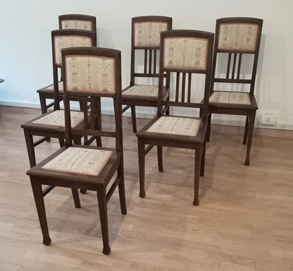 Set di sei sedie pranzo vintage in rovere massello con rivestimento in tessuto a motivo sedia stile italiano