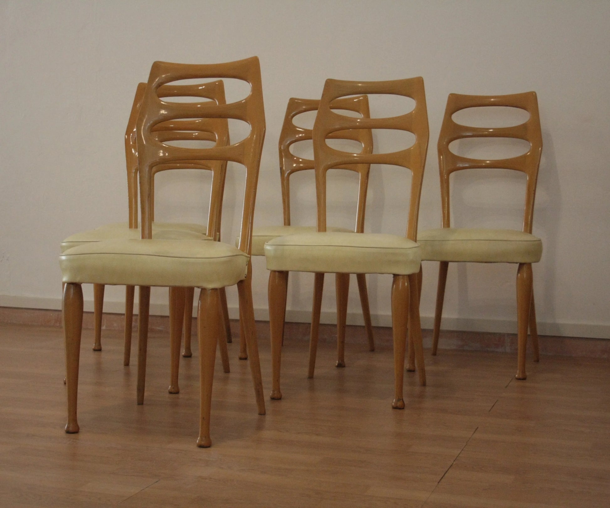 Set di 6 sedie da pranzo mid-century moderne di vittorio dassi anni 50 legno e pelle vintage dario raia antiquariato