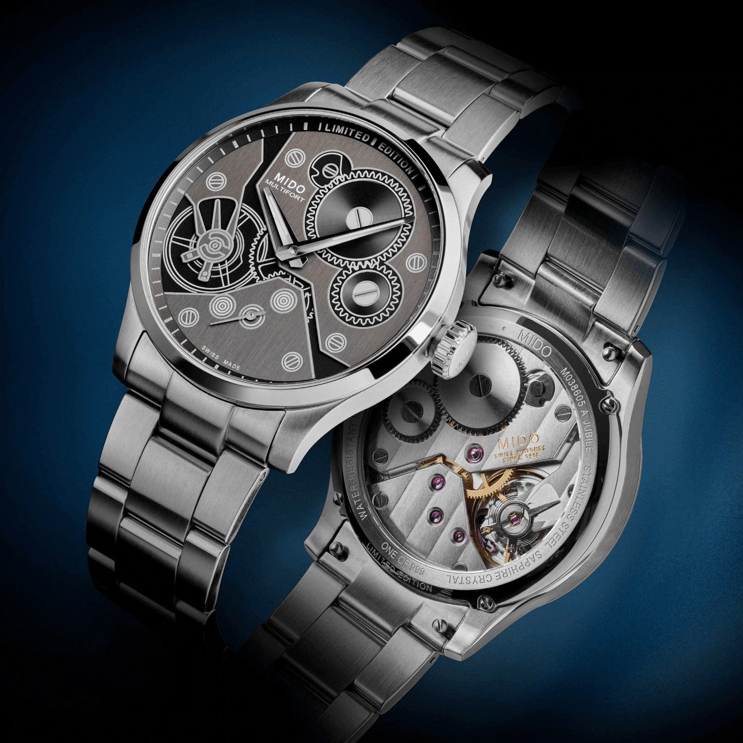 Mido Multifort mekanisk klocka Limited Edition 999 delar 44 mm antracit manuell uppdragning stål M038.605.11.060.00