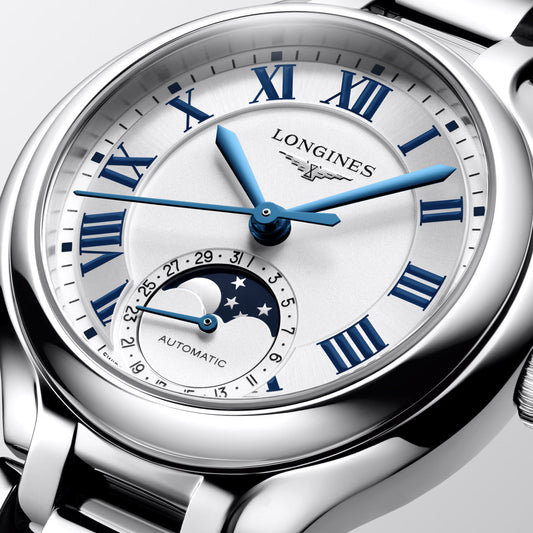 Longines orologio Primaluna Moonphase 34mm argento automatico acciaio L8.126.4.71.6