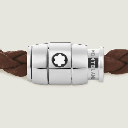 Montblanc stålarmband med 3 ringar och Meisterstück brunt, beige läder, storlek S 13600060