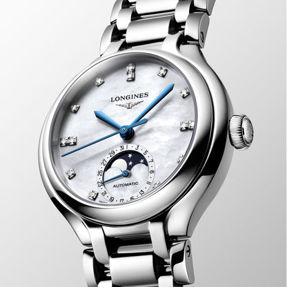 Longines Primaluna Moonphase 34mm Pärlemor diamant automatisk stålklocka L8.126.4.87.6