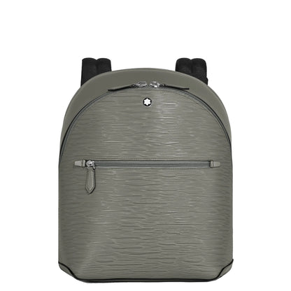 Montblanc zaino mini in pelle grigio medio con texture verde oliva, cerniere argento e dettagli neri eleganti